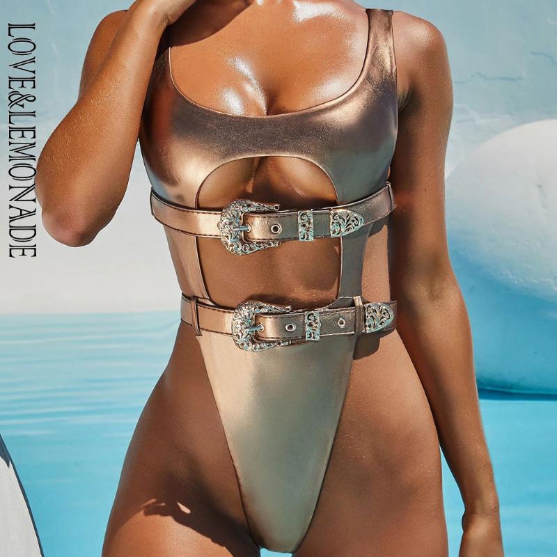 

LOVE & LEMONADE Sexy Gold Metal Button Cut Out Swimsuit LMSW06
