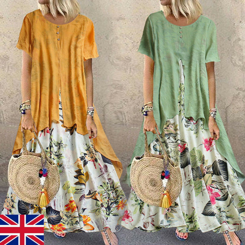 

Summer Plus Size Women Cotton Linen Maxi Long Dress Holiday Beach Party Floral Dresses, Yellow