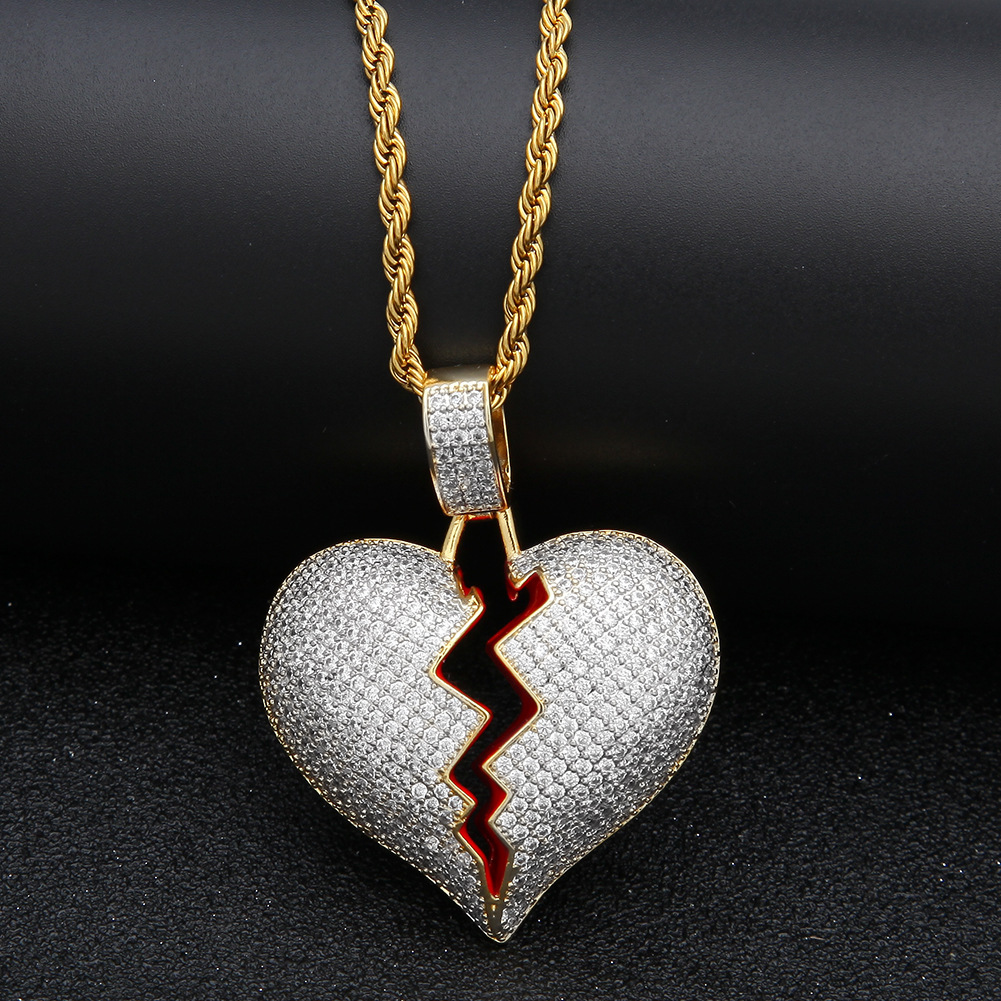 

Iced out CZ Broken Love Heart pendant necklaces Bling Cubic zirconia Gold Silver charm Twisted chain For women men Rapper Hip Hop Jewelry