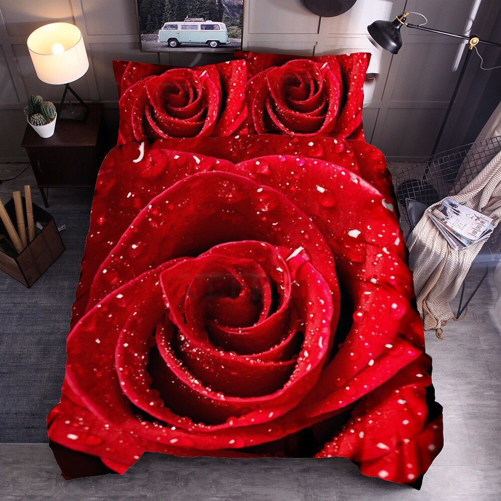 

3D Rose Bedclothes Digital Printing Pillowcase Duvet Cover Set Home Textile Soft Wedding Valentines Decor Couples Bedding Set, No.5