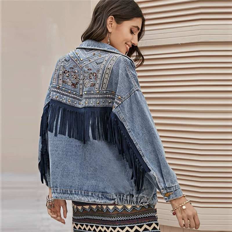 

Women Jacket Denim women Jacket Spring Vintage Floral Embroidery Suede Fringe Loose Coat Long Sleeve Outerwear Boho, Light blue
