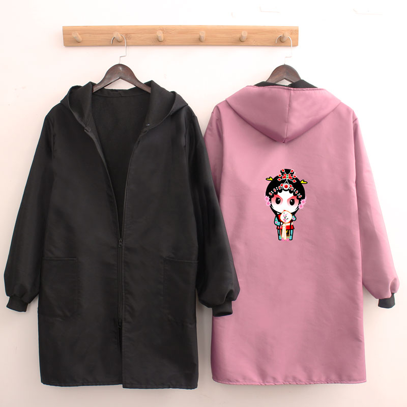 

Winter windproof warmth plus velvet men and women adult fashion waterproof jacket zipper is wearing a smock apron