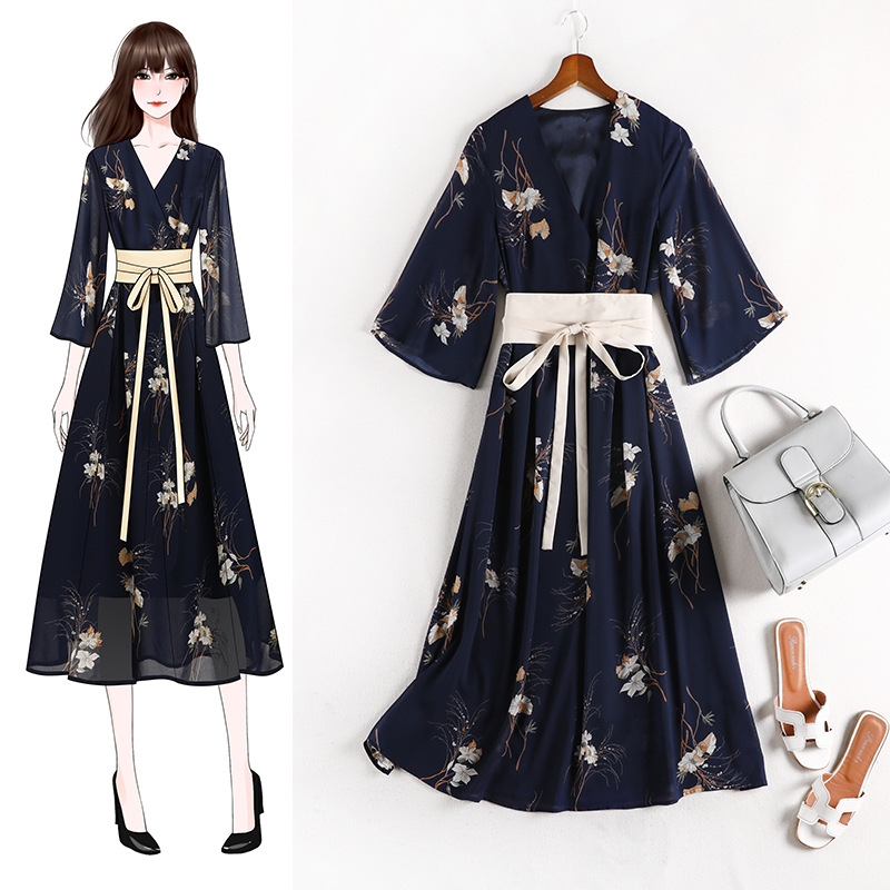 

large size women's party women national style floral modified Hanfu 2020 Summer fat mmv collar dress vestido dresses 10580, Navy