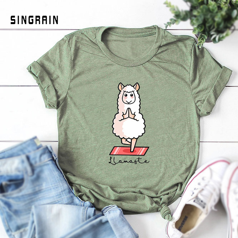 

SINGRAIN -5XL Casual Women Print T-shirt 100% cotton cute plus size t shirt sheep pattern Tee Harajuku Korean Cartoon Basic Top, White
