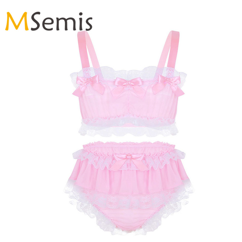 

2Pcs Mens Sissy Lingerie Male Underwear Sissy Panties Ruffled Lace Sheer Chiffon Gay Crop Top with Skirted Petticoated Panties, Blue