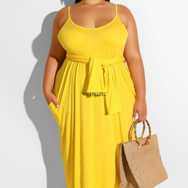 

Plus Size Dresses For Women 4xl 5xl Summer Beach Sundress Spaghetti Strap Sleeveless Loose Long Dress With Sashes Casual Vestido, Yellow