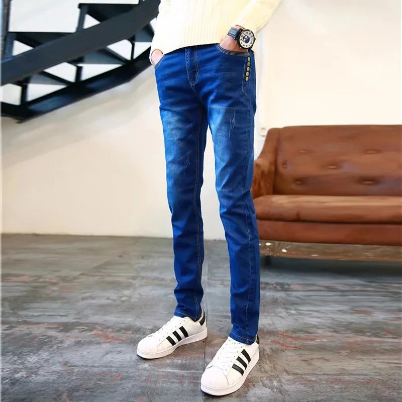 

Wholesale 2020 Fashion teenager Casual Mens Korean-style slim elastic youth blue student wild was thin feet ten nail denim jeans