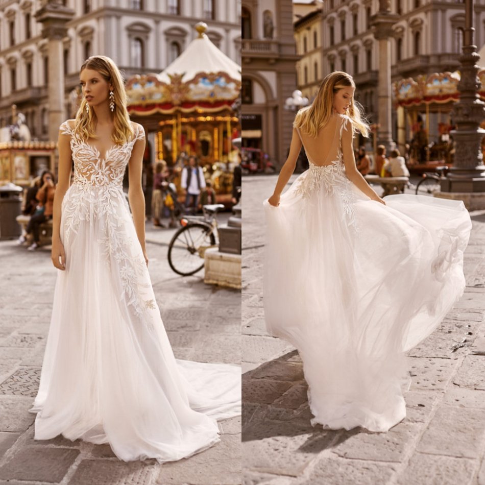 

A Line Wedding Dress Deep V Neck Backless Beads Appliques Tulle Wedding Dresses Sweep Train Boho Bridal Gowns, Ivory