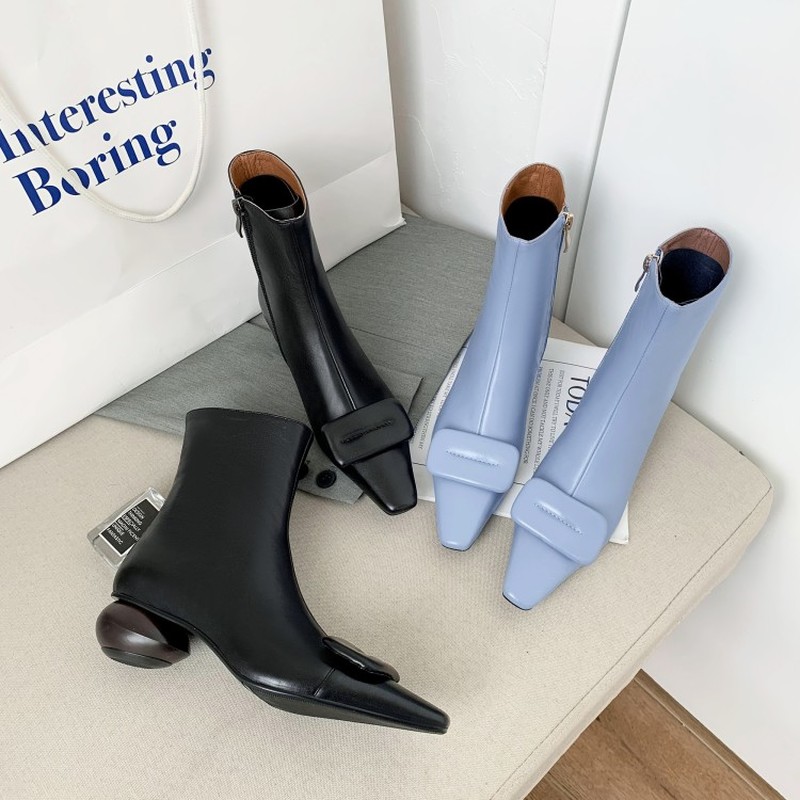 

Womens Pointed Toe Ankle Boots Genuine Leather Side Zipper Square Buckle Mid Strange Egg Heel Shoes Black Smoky blue C103