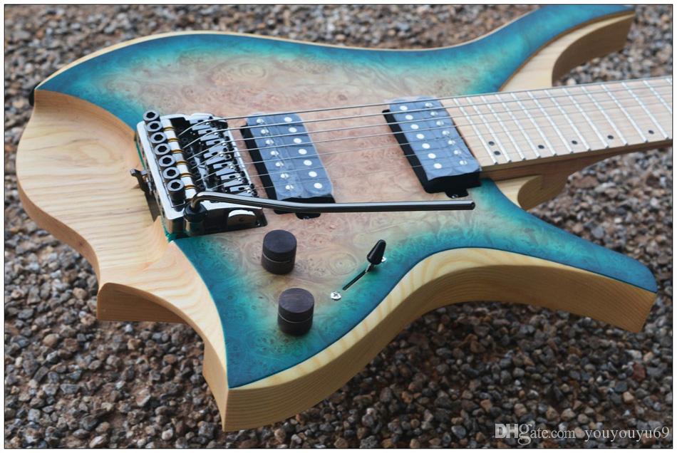 Custom factory wholesale best price. New 7-string style headless electric guitar blue bursting maple top with flame-marked maple neck, custo