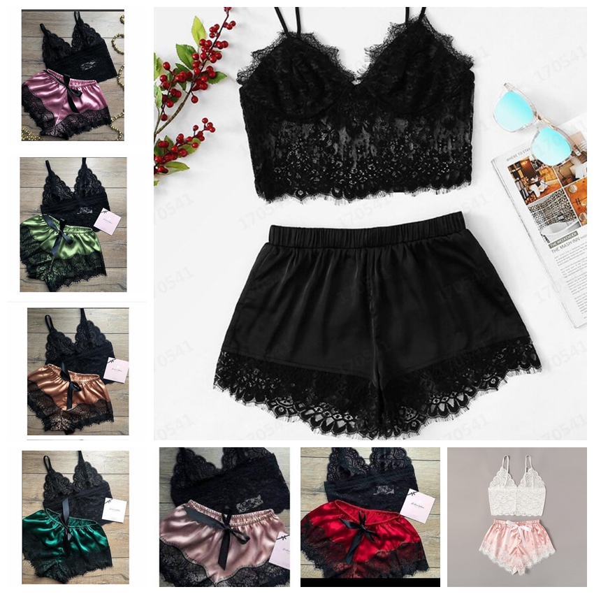 

V Neck Solid Sleepwear Summer Women Pajamas Silk Pijamas Sleepwear Lace Short Pants Lingerie Hollowed Underwear Maternity Cloth GGA3489-4, 8styles;please choose