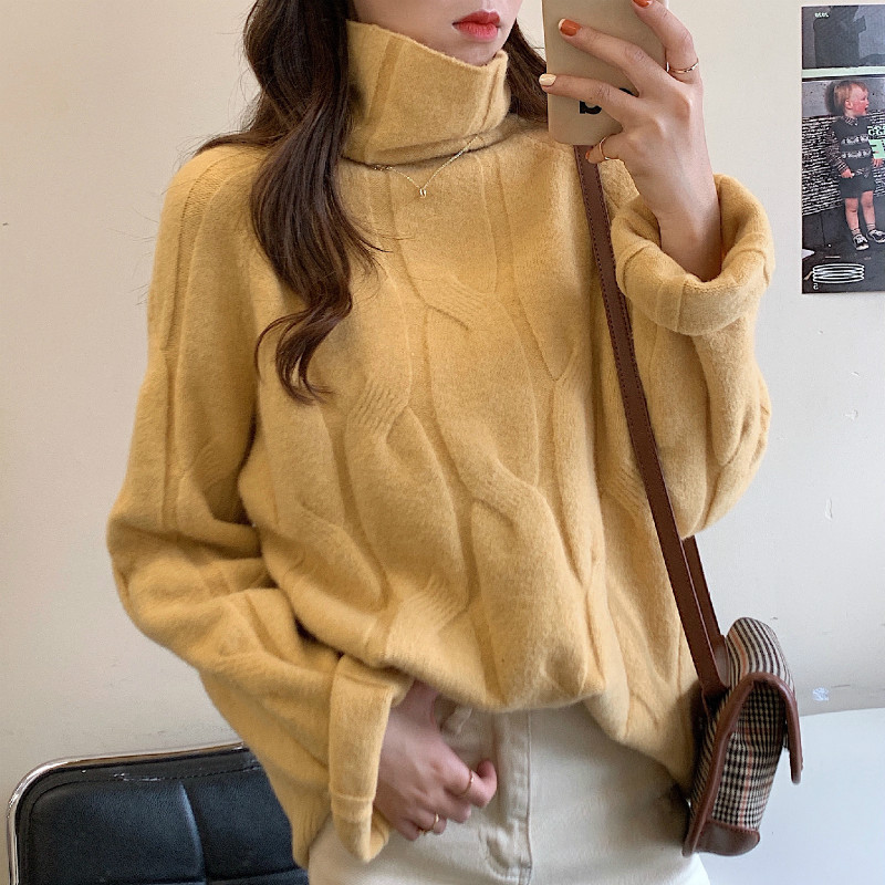 

Women Autumn Winter Turtleneck Loose Sweater Long Sleeve Knitted Pullovers Thick Solid Color Plus Size Jumpers, Beige