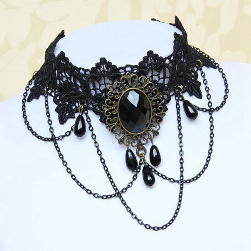 

Vintage Lace Gothic Lolita Beaded Jewelry Pendant Necklace Black Jewellery