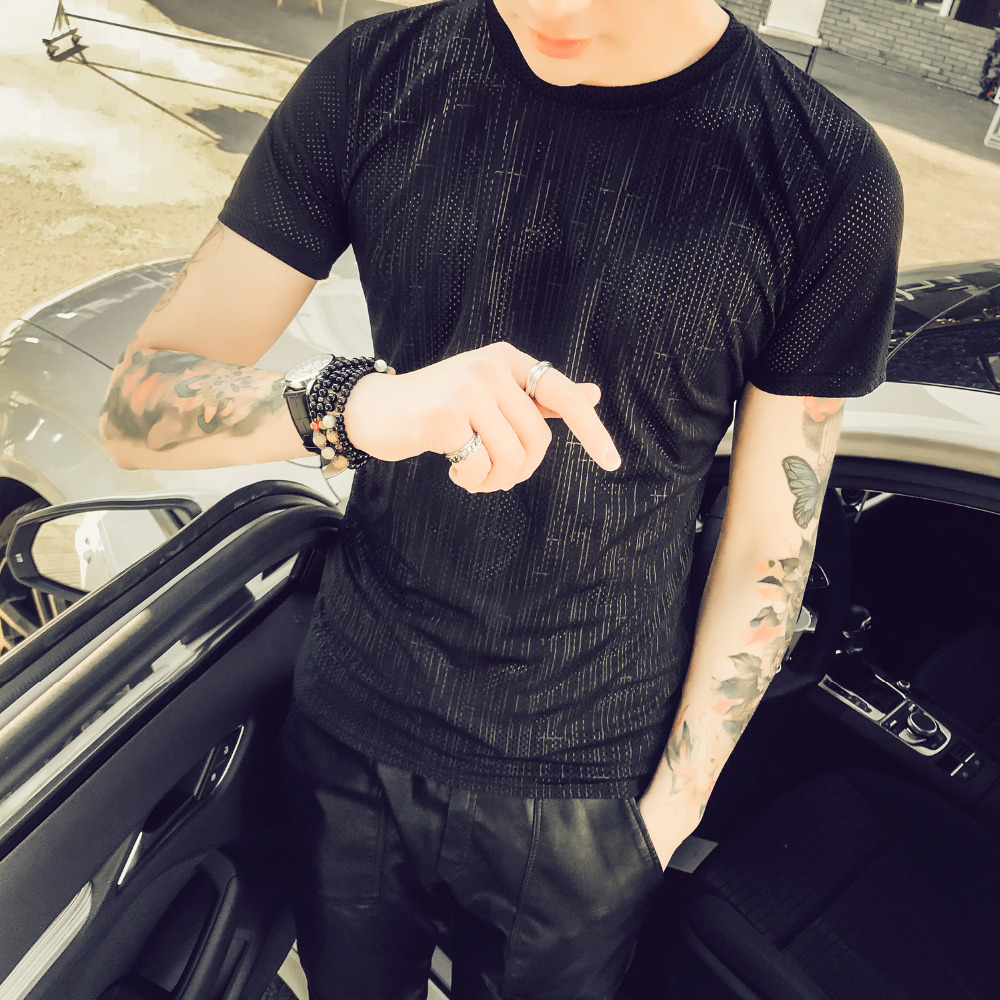 

2019 Summer T Shirt Men Brand New Slim Fit Mens Casual T-Shirts Short Sleeve Round Collar Hollow Tee Shirt Homme, Black