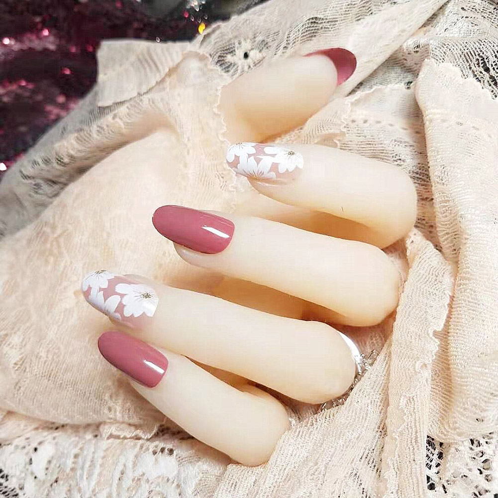 

High Quality Fashion 24pcs DIY Nail Tip Solid Color Flower Self Adhesive Faux Nail Art Extension Tool LVS88, As shown