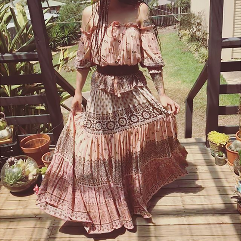 

Cute Off Shoulder Boho Print Lantern Sleeve Top Long Maxi Skirt Summer Holiday Beach Dress Elegant Bohemia Bow Lace Women' Set, Top and skirt