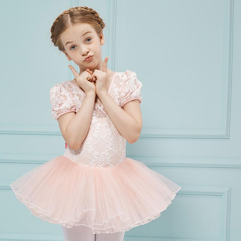 

Children High Quality Short Sleeves Lace Ballet Dress Tutu for Girls Kids Tulle Dance, Lotus pink