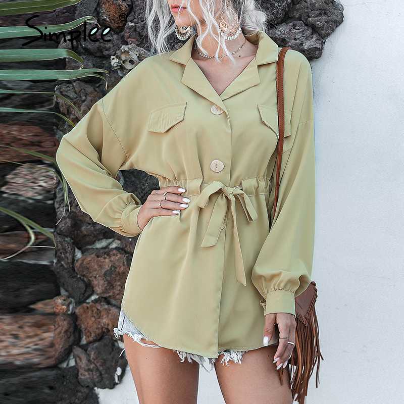

Simplee Casual vintage button women blouse shirt Solid green buttons sash belt blouse shirt Beach summer feminino blusas mujer, Black