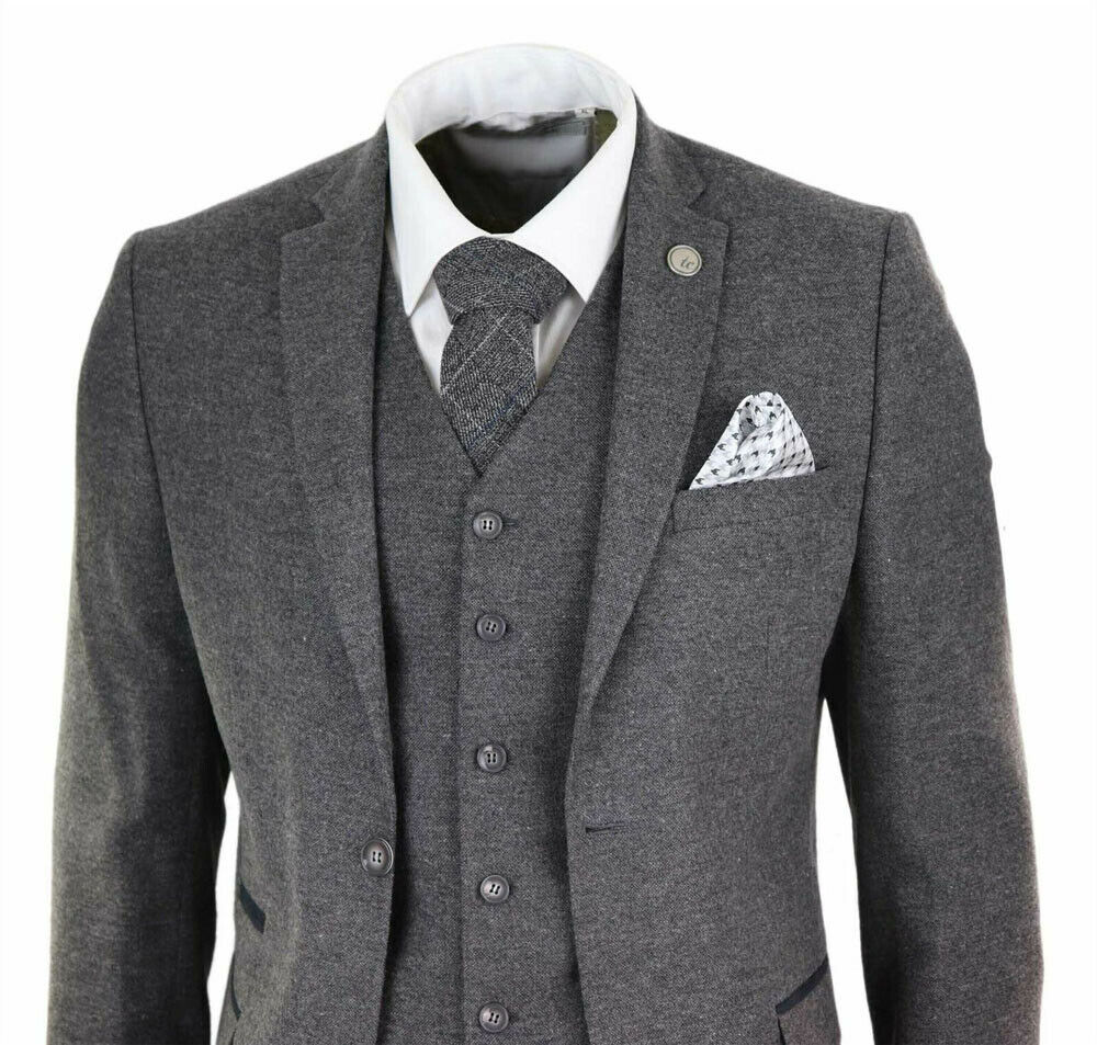 

Mens Wool Tweed Peaky Blinders Suit 3 Piece Authentic 1920s Tailored Fit Classic Formal Prom Suit (Jacket+Pants+Vest), Gray