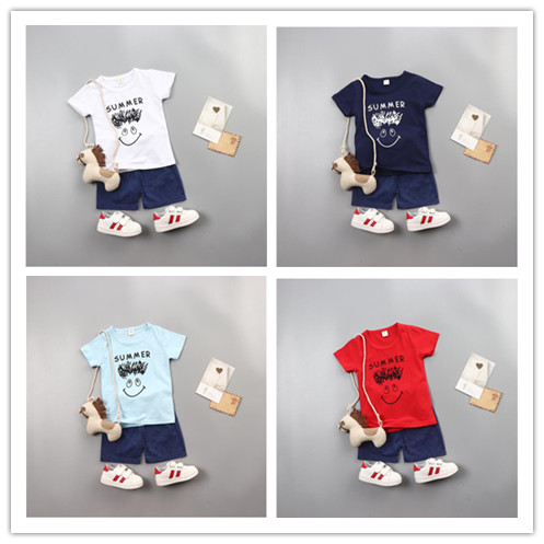 

Boy Short Sleeve Cotton Cartoon Round Neck Letter Print T-Shirt and Short Trousers Suits Children Summer Popular Trend Clothing Set, Light green