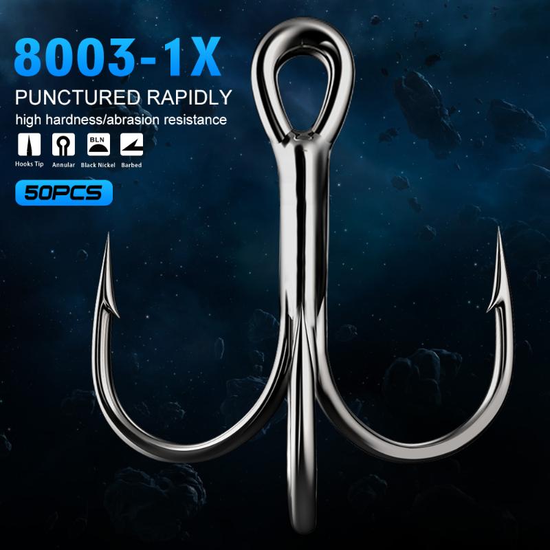 

50pcs/lot Saltwater Fishing Hook Black Nickle Treble Hooks 1#-12# 2/0#-5/0# High-Carbon Steel Fishhook High Strength Hooks