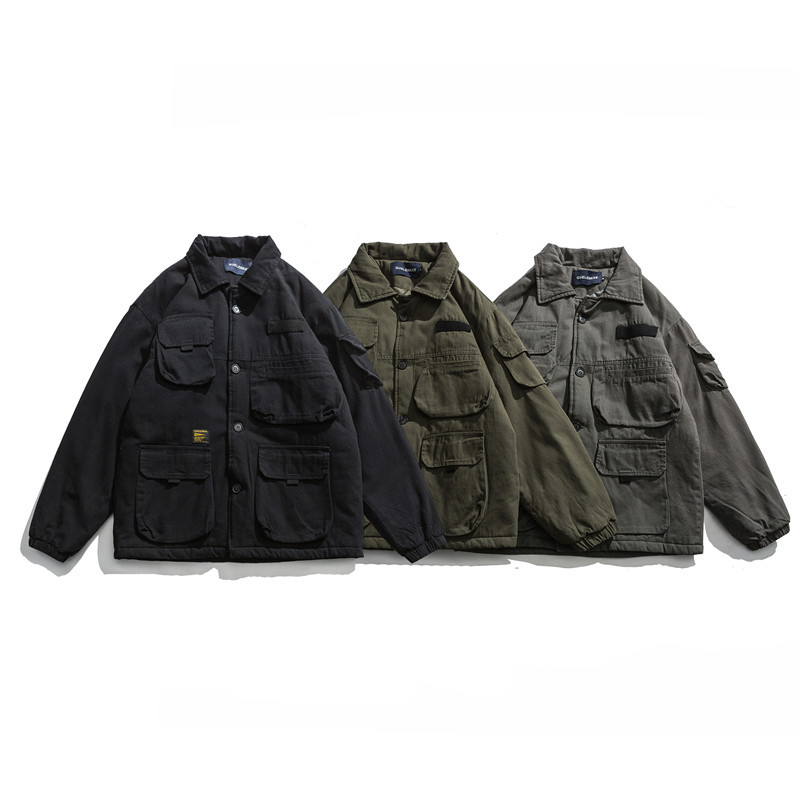 

Winter new Japanese retro tooling cotton jacket men tide brand casual multi-pocket solid color thick cotton jacket, Black