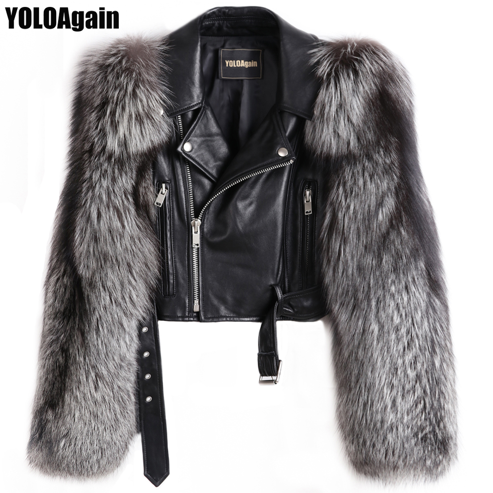 

YOLOAgain women genunie leather jacket ladies silver fox fur sleeve real sheepskin leather jacket, Black
