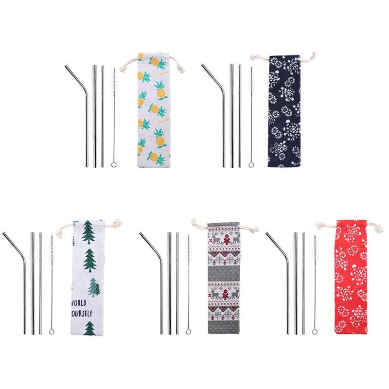 

5pcs Reusable Drinking Straws Stainless Steel Sturdy Bent Straight Drinks Straw with Cleaner Brush Coffee Tee Bar Party Tools