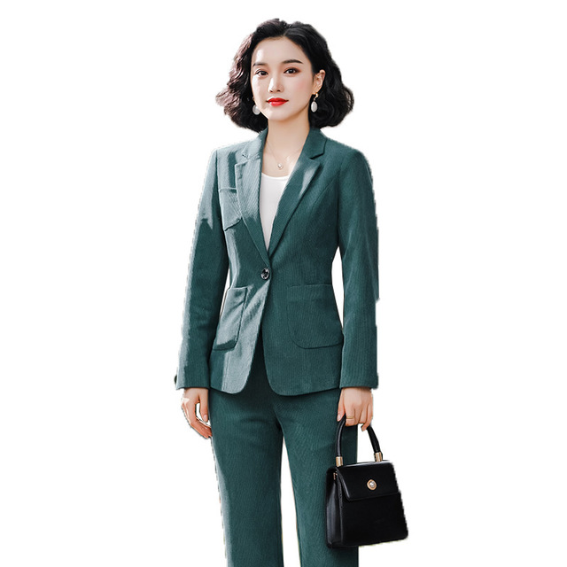 

High Quality 2 Pieces Set Formal Corduroy Pant Suit Office Lady Uniform Designs for Women Business Casual Suits Work Wear Pink