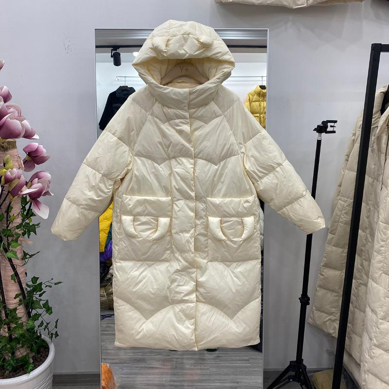 

2020 New Women Winter Long Down Parka Ultra Light White Duck Down Jacket Female Warm Hooded Coat Outwear, Beige