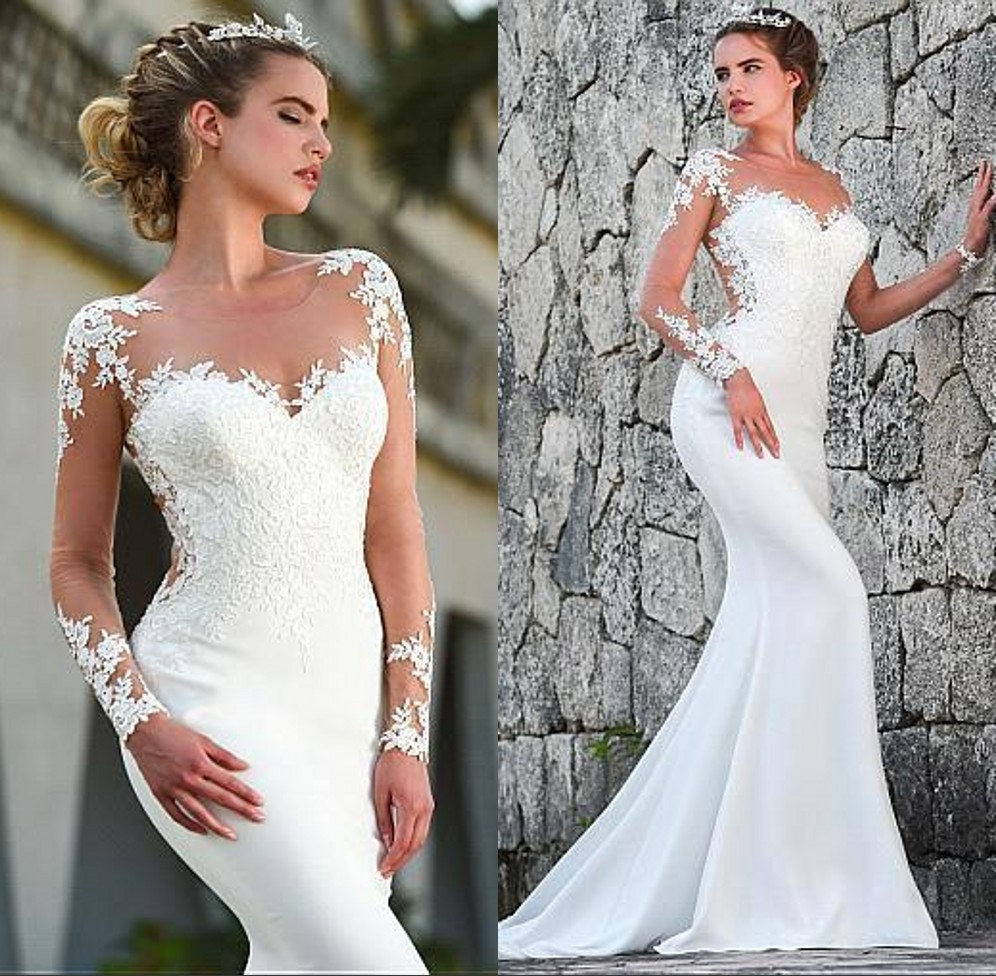 

Elegant Sheer Neck Long Sleeve Lace Wedding Dresses Mermaid Long Beach Bridal Gown Edge Lace Piping vestido de novia Arabic BC2548, Black