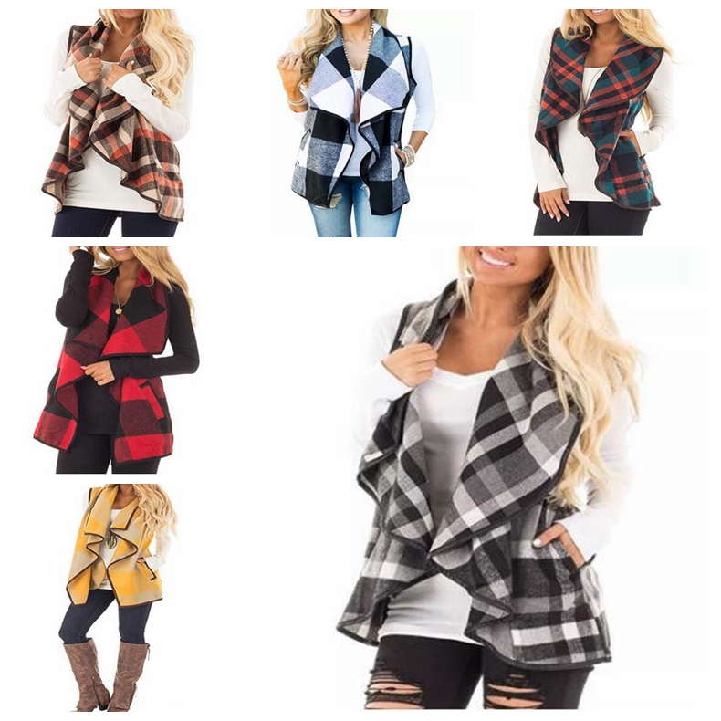 

Plaid Waistcoats Women Check Cardigan Grid Winter Sleeveless Vests Printed Coat Shirt Lapel Fashion Casual Pocket Jackets Tops Blusas D-6789