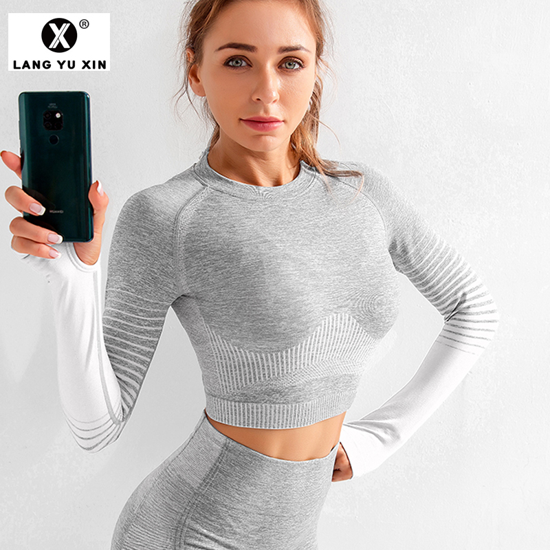 

New Long Sleeve Tee Crop Tops for Women - Activewear Workout Yoga Gym Top Lounge T Shirts Sports T-Shirts, Gray