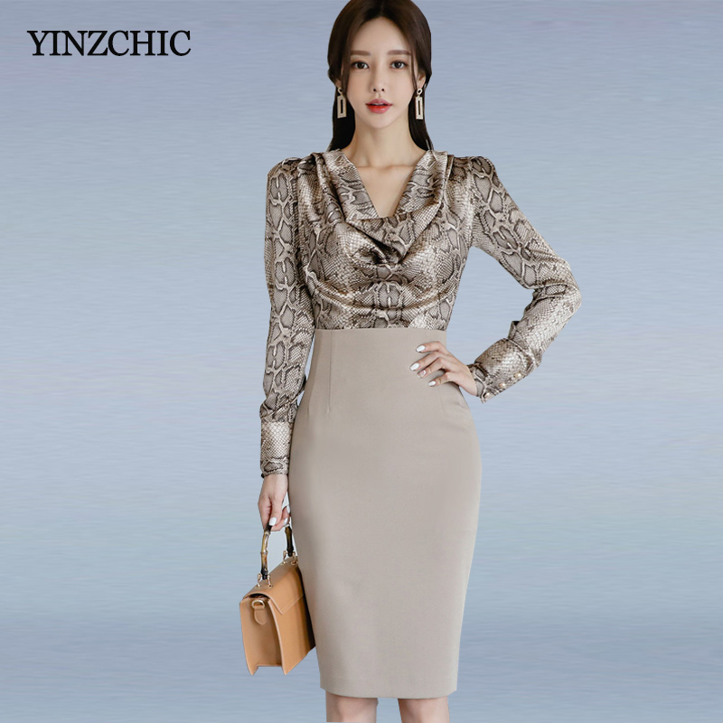 

Fashion Woman Spring Slim 2pcs Suits Snakeskin Blouse + Pencil Skirt Set Suits for Office Lady Elegant Party Woman, Multi