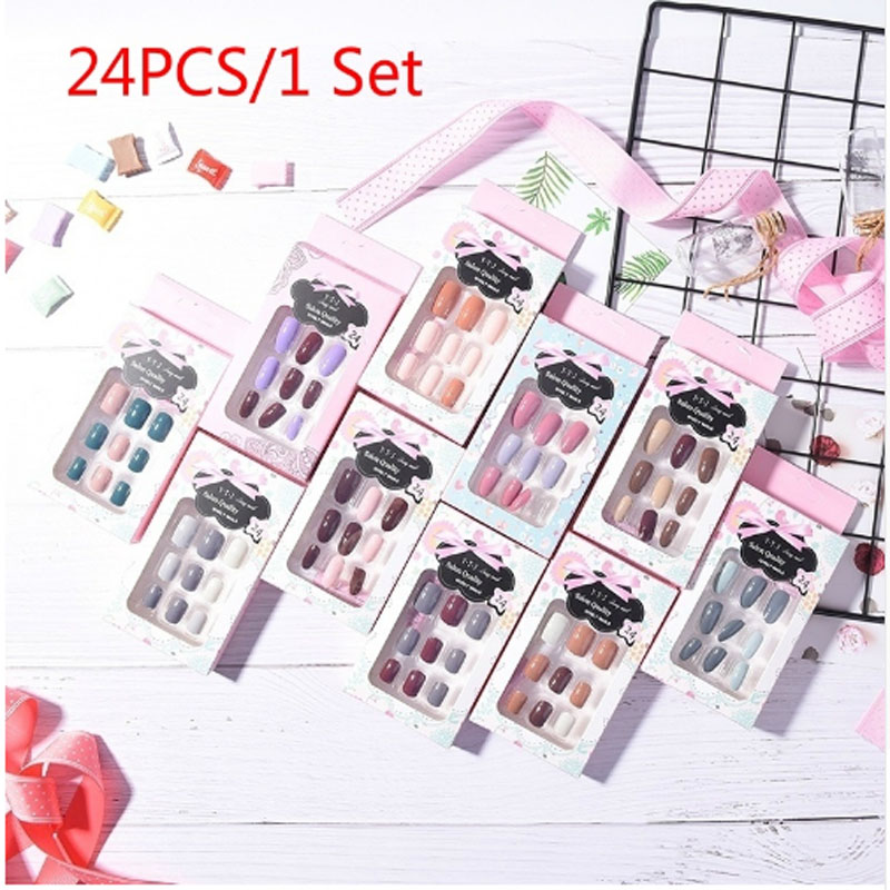 

24PCS/SET Almond fake Nails Solid colorJump color Diy Nail Art 10 style Medium length Tip Accessory with glue dfdf