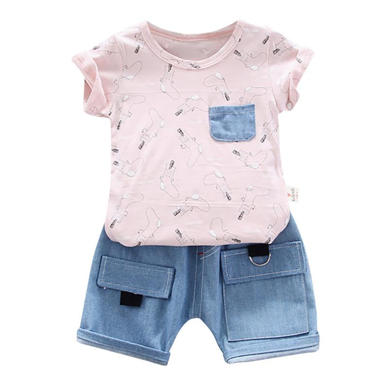 

KANCOOLD children boys solid color cartoon socks pocket patch short sleeve + denim pocket shorts two-piece suit, Pink