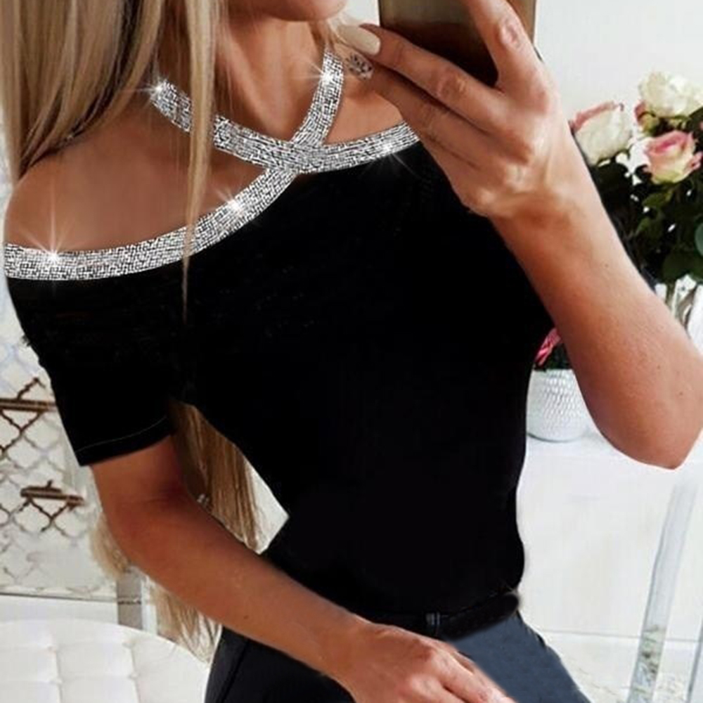 

New Summer Women Sexy Lace-up T Shirts Female Sequin Casual Basic Tee Tops Leisure Halter Cross Short Sleeve Tshirts Plus Size, Black 1