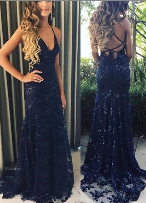 

Spaghetti Straps Navy Blue Lace Sheath Long Prom Dresses For Women, Green