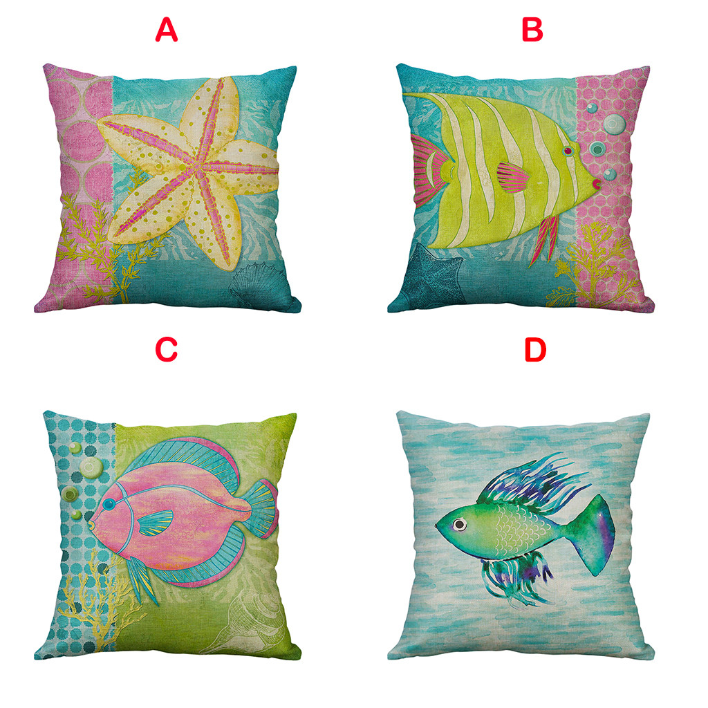 

Sea Animals Fish Starfish Print Pillowcase 2019 Marine Life 40x40cm Linen Pillow Pillowcase Home Decorative, Beige