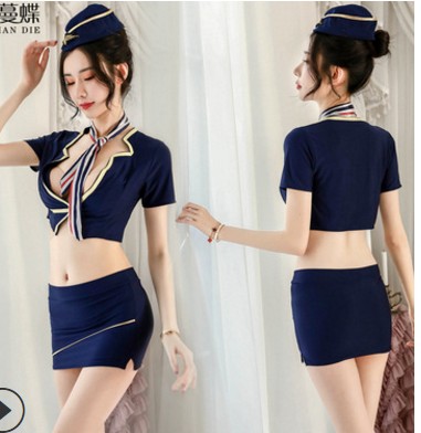 

high quality low price lady's Sexy uniform seductive passion stage Bar club games flight attendant suit 18c, Blue
