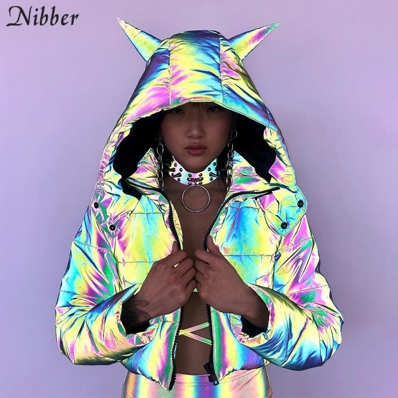 

Nibber Winter rainbow Reflective Warm Jacket Women Coats2019 fall winter Hooded Short Jacket top mujer neon Color leisure Jacket S20200106, Multi