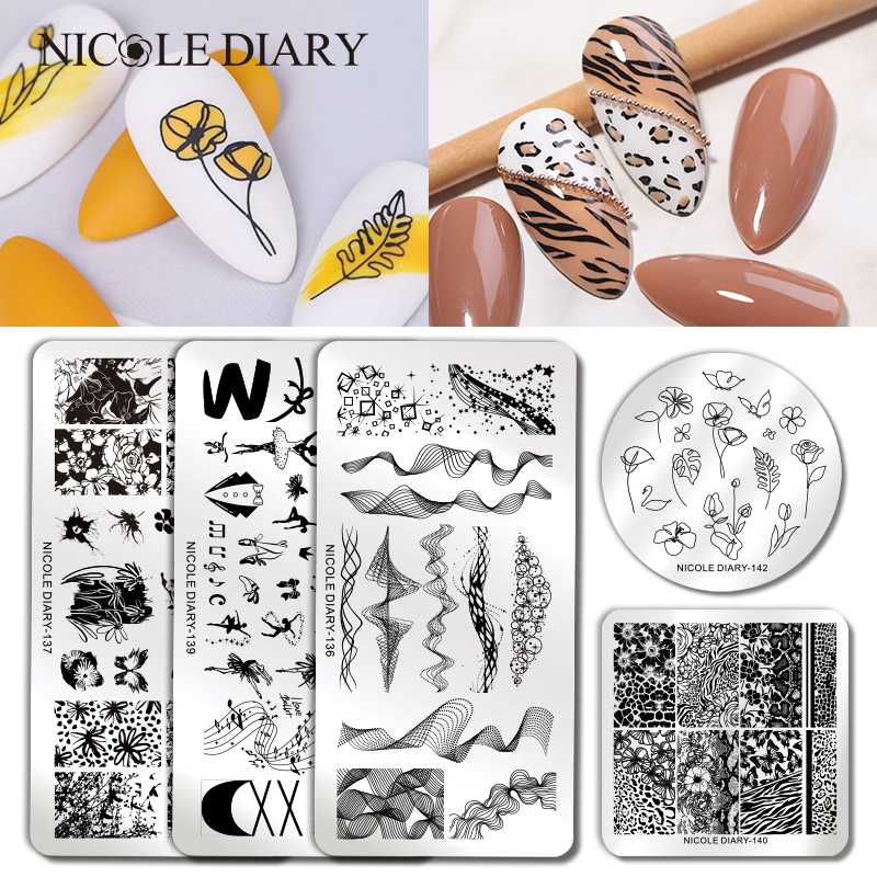 

NICOLE DIARY Plant Flower Nail Stamping Plates Geometric Line Wave Pattern Nail Art Image Stamp Stencils Templates Tool