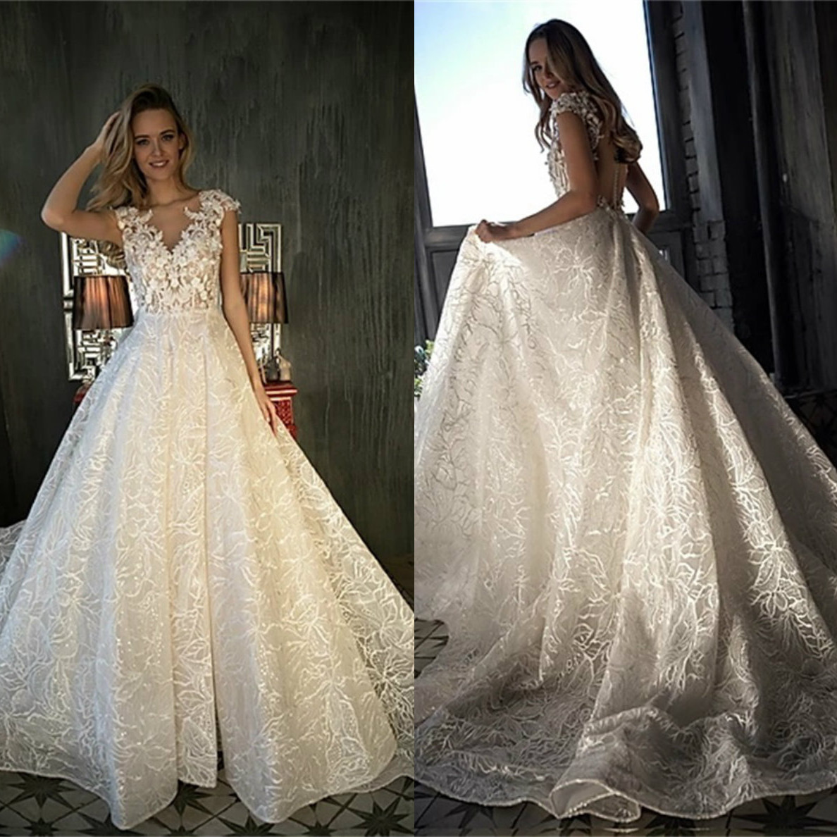

Olivia Bottega 2021 Wedding Dresses Capped Sleeves Lace Bridal Gowns Button Back Sweep Train A-Line Wedding Dress Vestido De Novia, Ivory