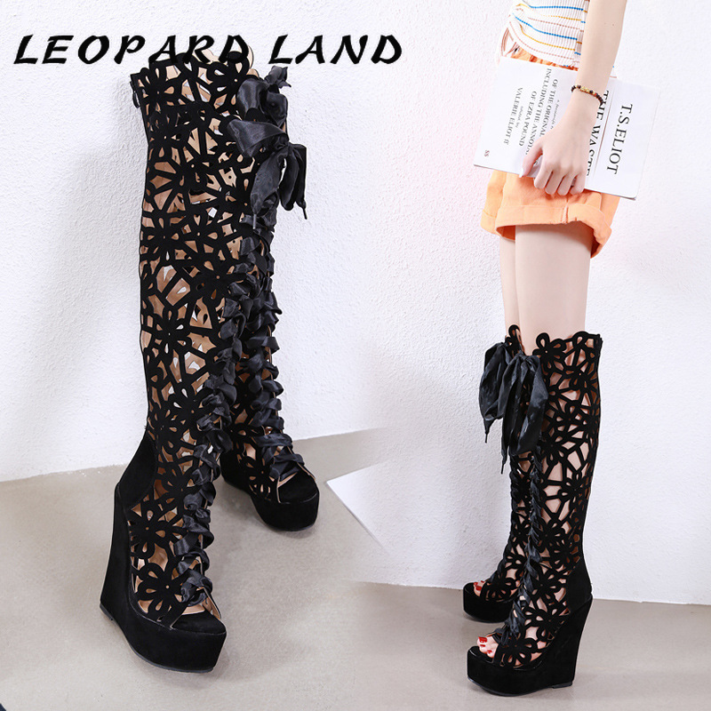 

LEOPARD LAND 2020 Shoes Wedge High-Heel Cutout Lace-up Fish-Mouth Cool Boots Fish Toe Black Shoe Women Fish Toe Boot CWF