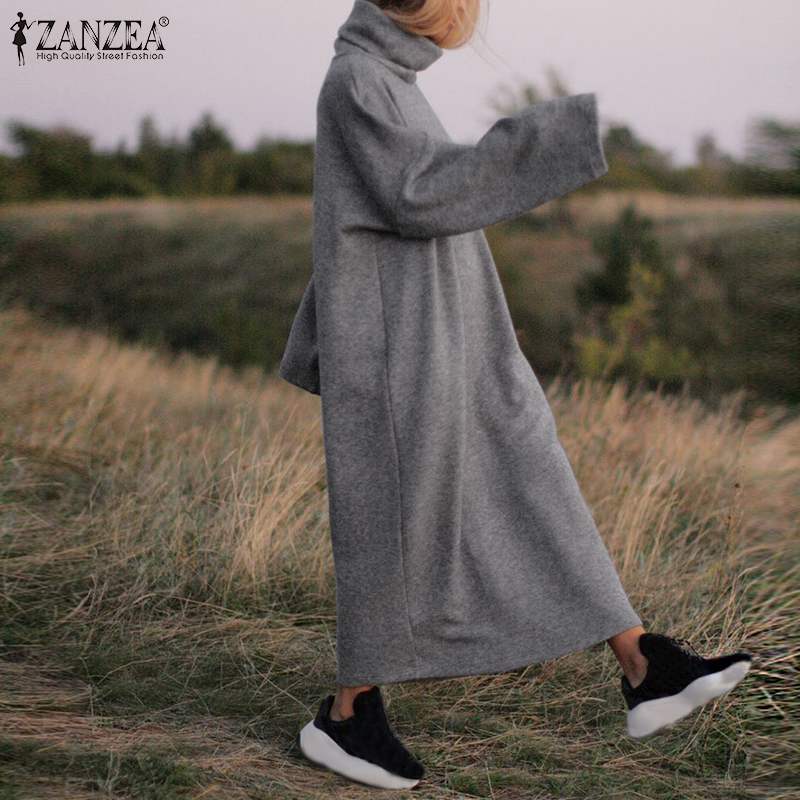 

ZANZEA Plus Size Women Long Maxi Dress Casual Turtleneck Pullover Sweatshirt Dresses Female Sweatshirts Maxi Vestidos Robe Femme, Black