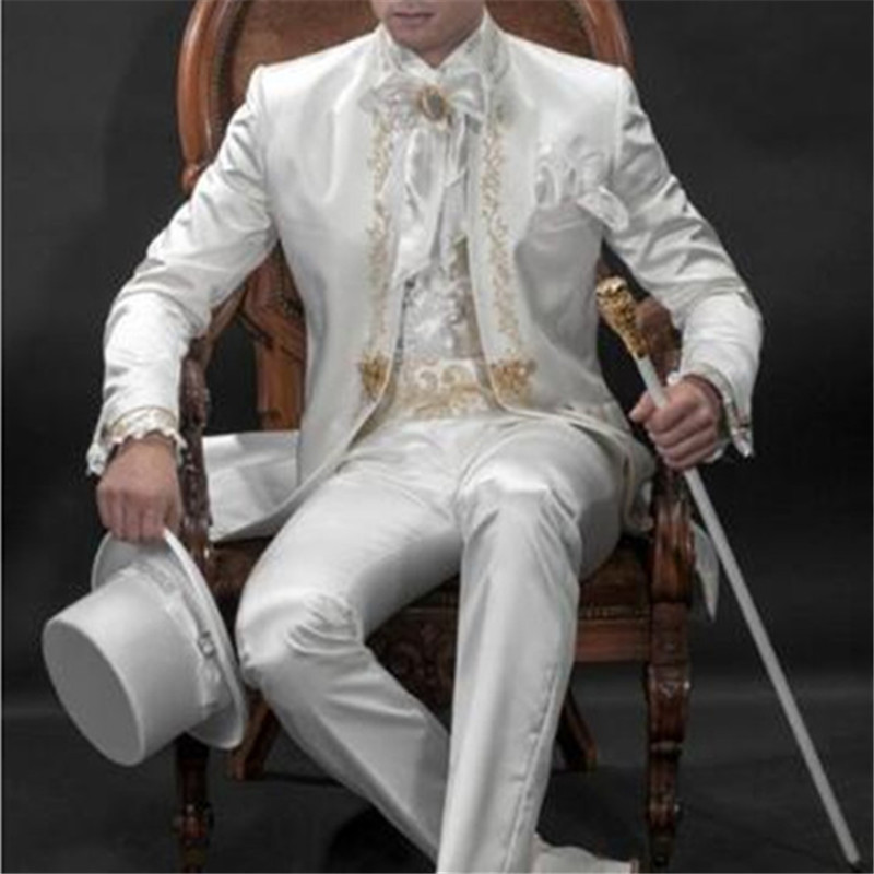 

New Vintage Embroidered White Stand Collar Men Suits 3Pieces(Jacket+Pants+Vest) Fashion Tuxedos Noble Terno Blazer 425, Custom color