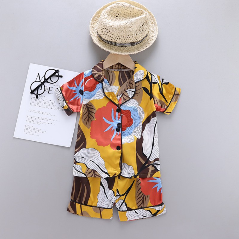 

Pajamas Baby Sleepwear Kids Boys Girls Small Leaves Print Short Sleeve Nightgown Set Blouse Tops+Shorts Sleepwear Child Pajamas