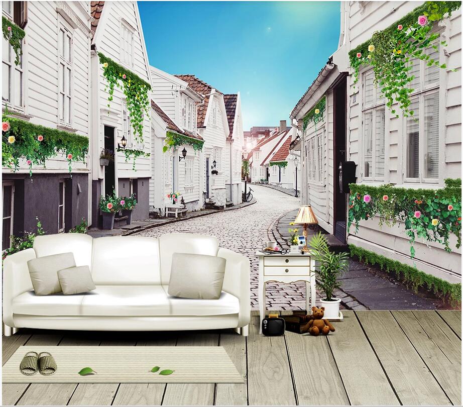 

3d wallpaper custom photo mural European town flower street blue sky vine vintage street background wall home decor wall picture 3d stickers, Non-woven