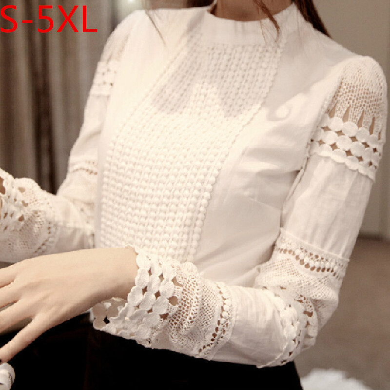 

Womens Blouses tops Slim Bottoming Long sleeve White Shirt women Lace blouse woman blusas female Hollow out Plus Size 5XL