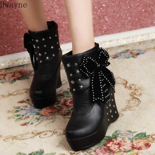 

Wedge ankle boots female 2020 autumn and winter Korean version of the bow rivet women's boots, White